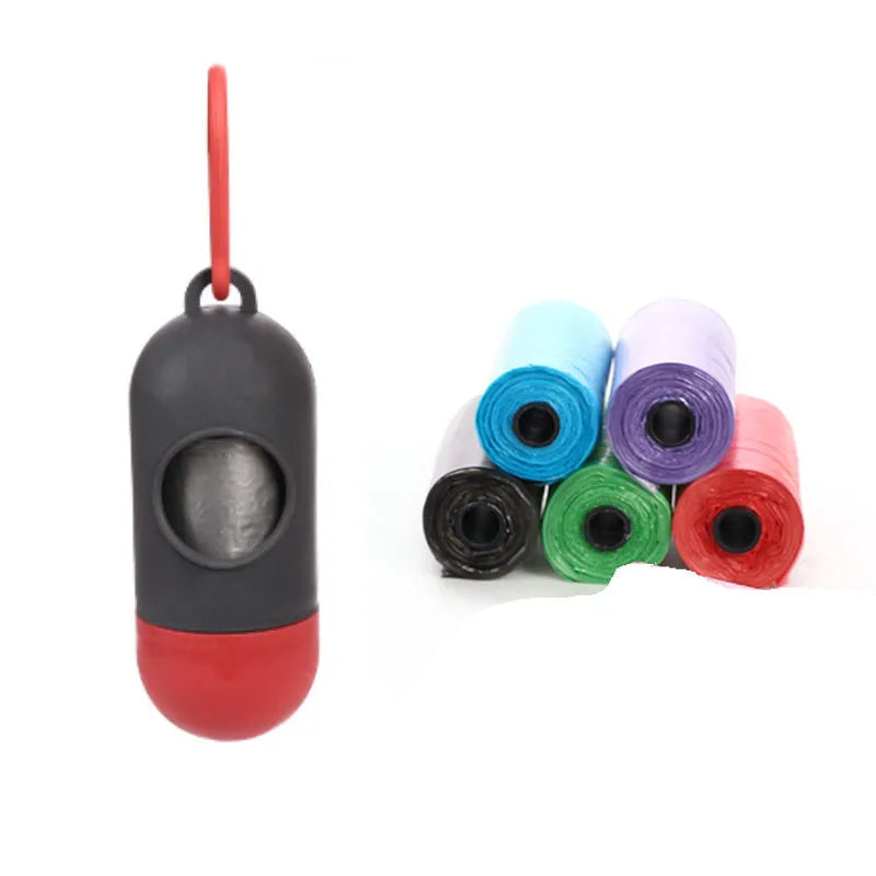 Roll of handled dog poop bags in assorted colours showing dimensions of 22.5 by 30 centimetres