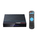 Black T95 Max Plus Android TV box with Amlogic S905X3 processor, shown with optional US, EU and UK power plugs.