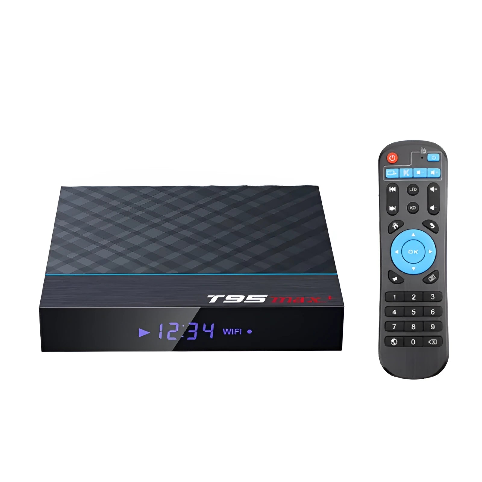 Black T95 Max Plus Android TV box with Amlogic S905X3 processor, shown with optional US, EU and UK power plugs.