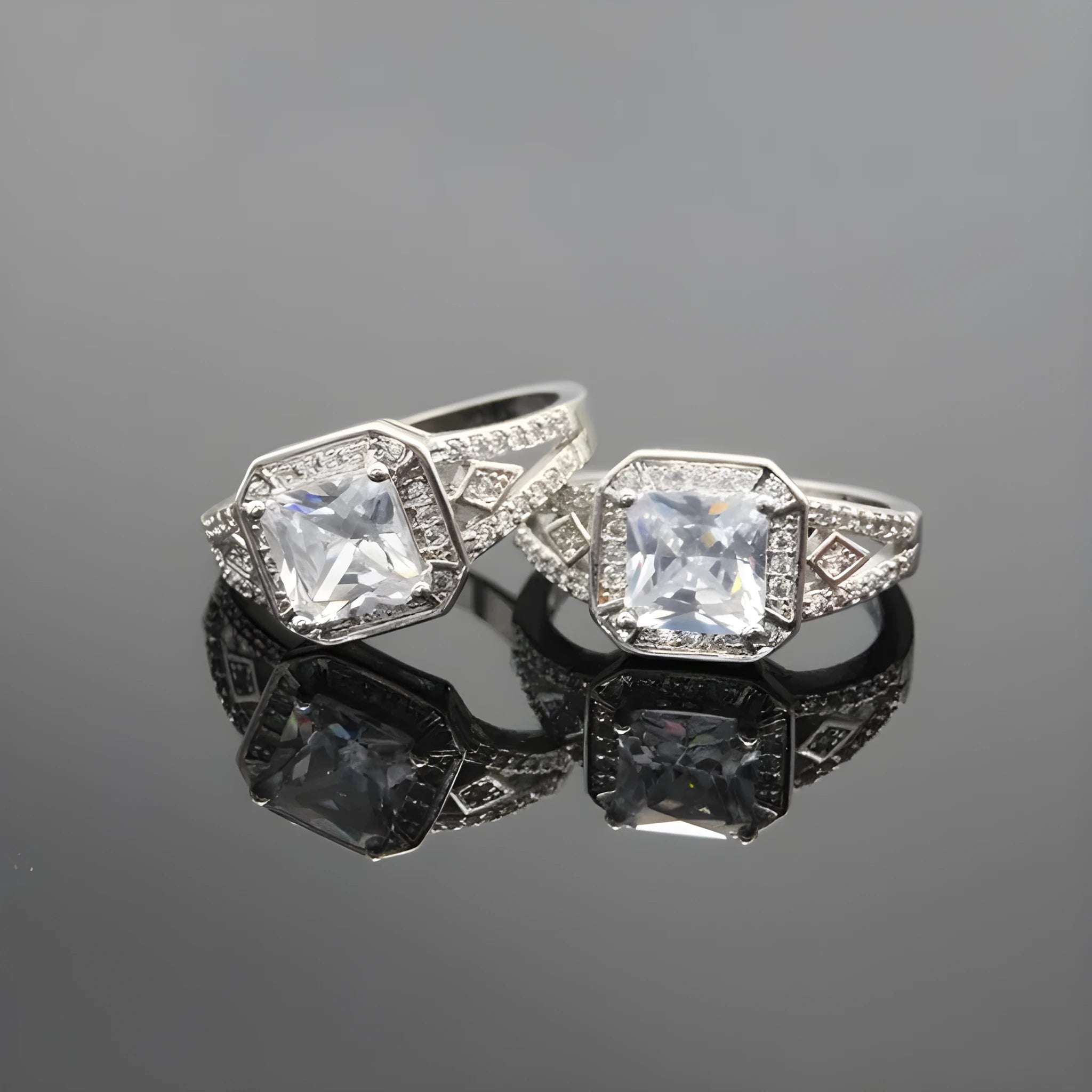 Geometric hollowed zircon ring in platinum colour on copper with quadrilateral design