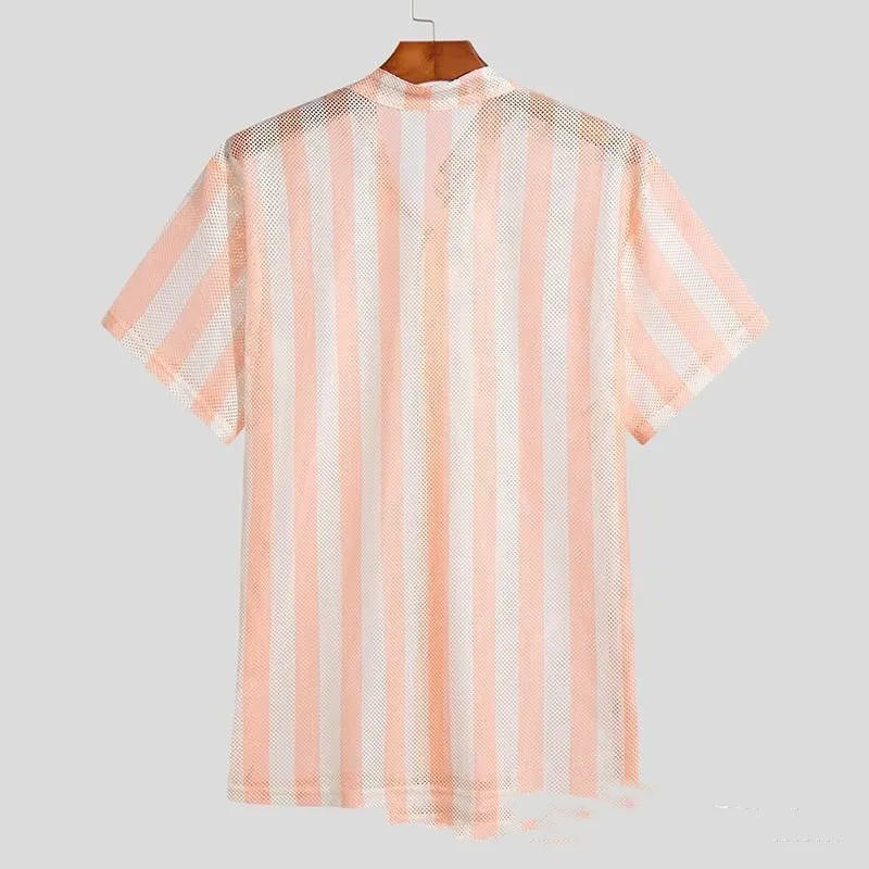 Pink men's loose cardigan shirt with waffle texture and short sleeves on a hanger