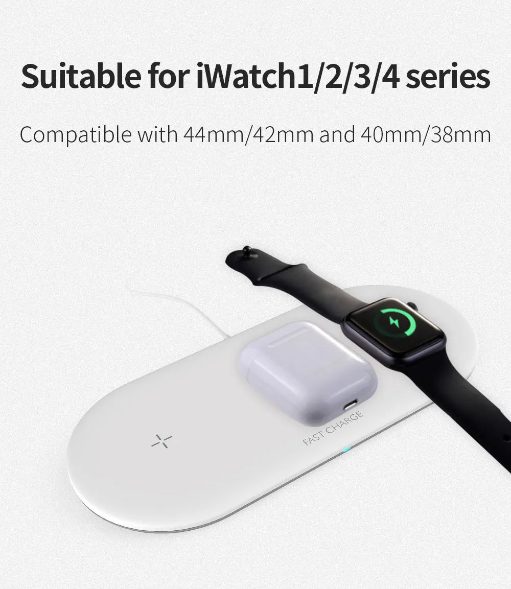 White 3-in-1 desktop wireless charger for Apple iPhone, watch and headphones on a wooden desk