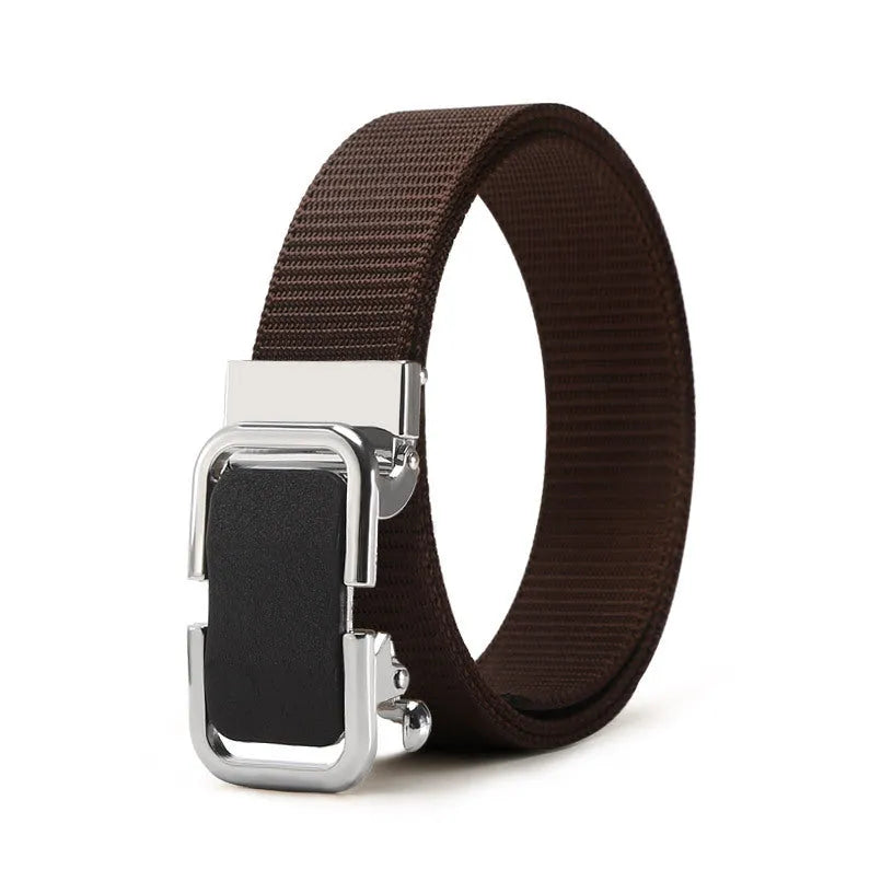 Men's nylon canvas belt with an alloy buckle shown in army green colour with a silver buckle.