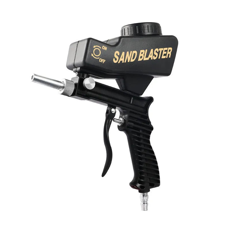 Portable blue pneumatic sandblasting gun with top-mounted tank for rust removal and surface preparation.