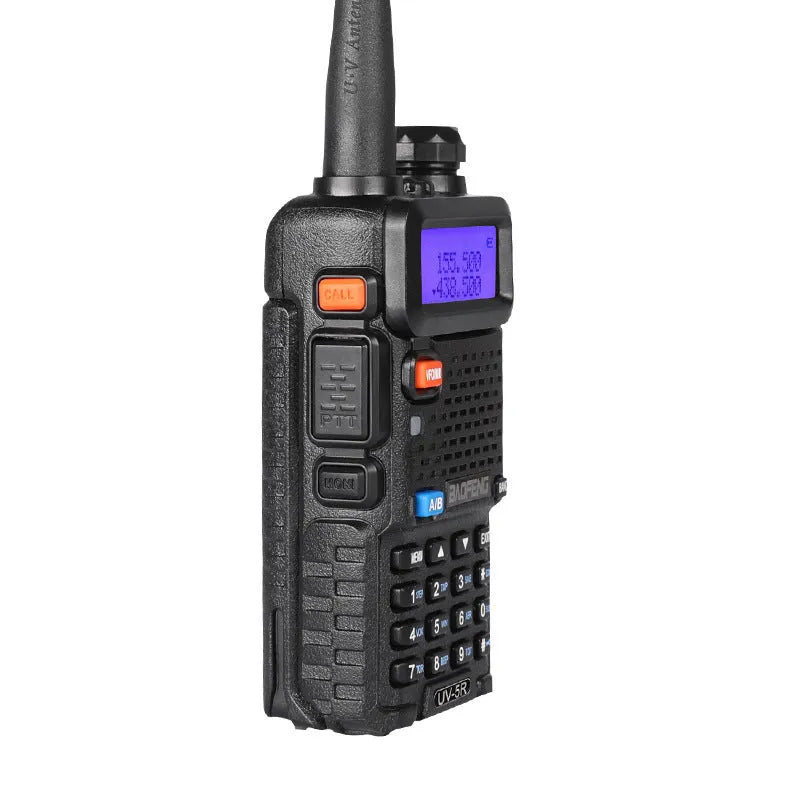 Compact black handheld VHF UHF walkie talkie with antenna, LCD screen, and keypad.