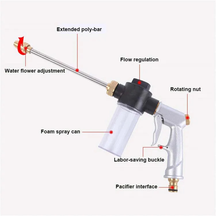 Gold high-pressure car wash water gun with copper head and aluminium alloy handle on a white background