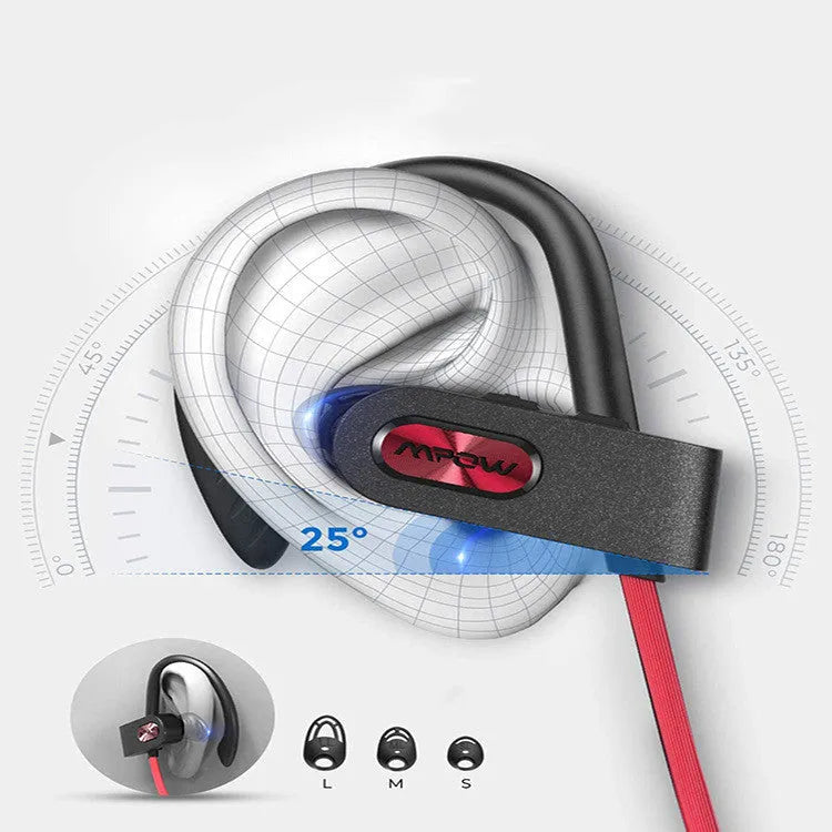 Red hanging ear Bluetooth headset showing earpiece design with wireless connectivity