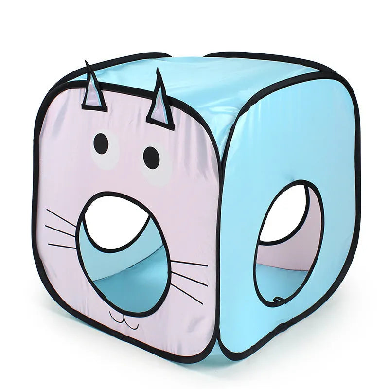 Foldable cat tent tunnel with fish pattern fabric collapsed for storage