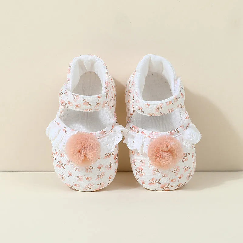 Children's cotton floral princess shoes with Velcro fastening, low top, small flower heels