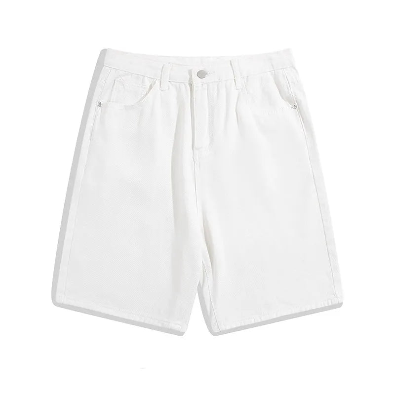 Men's light blue denim shorts showing five-pocket straight-leg design on a mid-rise waist