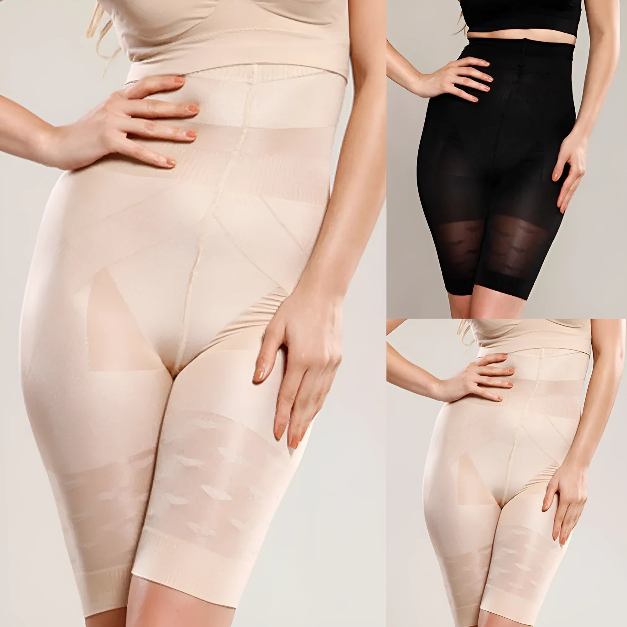 Women's seamless high-waist shapewear shorts in black and nude colours on a mannequin