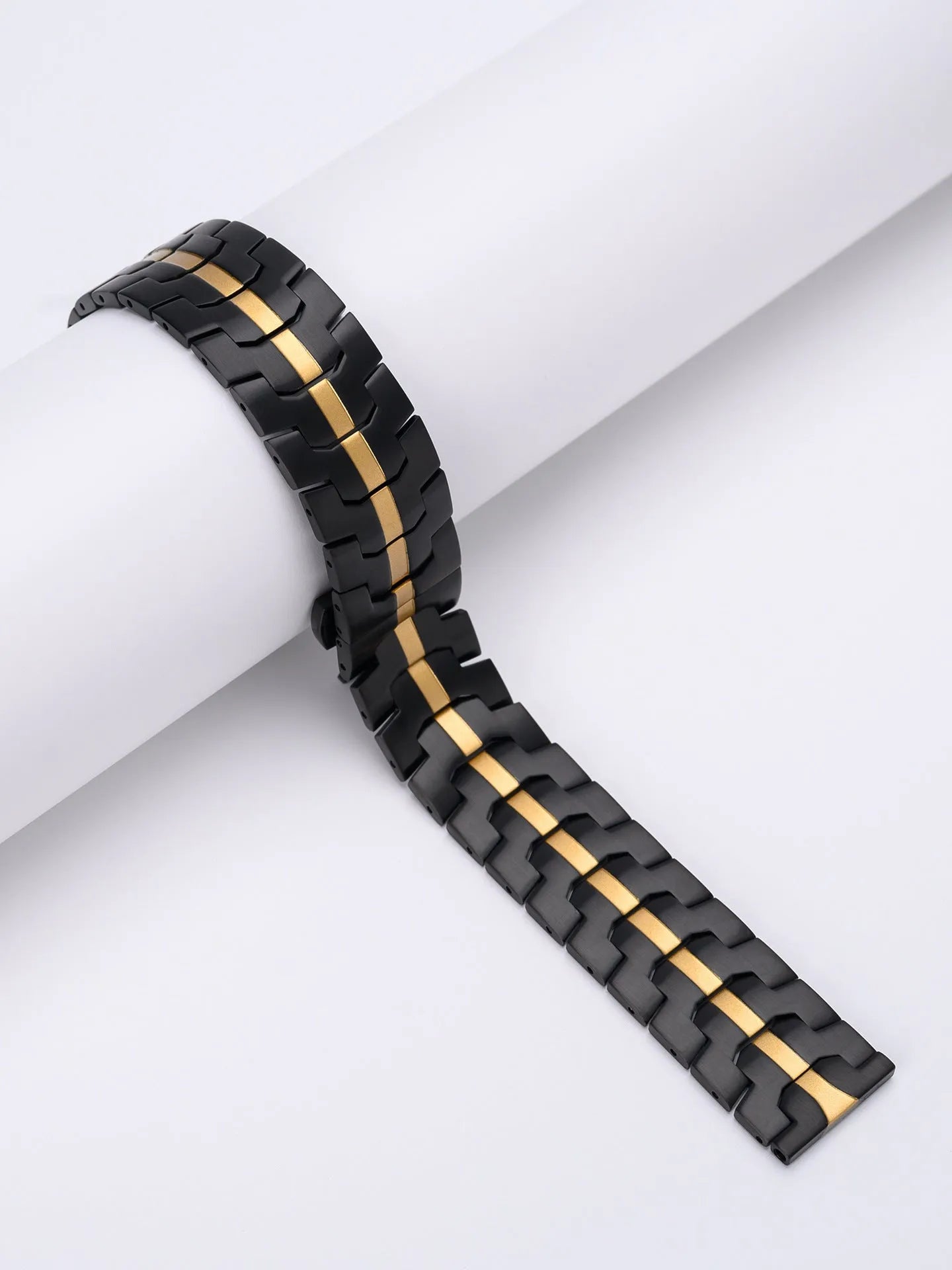 Stainless steel watch band for Samsung Galaxy Watch showing silver and black colour options with universal lug connectors