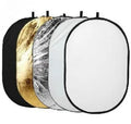 5-in-1 collapsible photography light reflector with gold, silver, white, black, and translucent surfaces