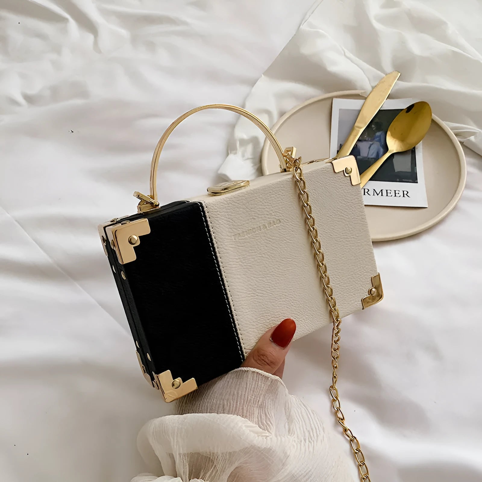 Handle box design ladies party clutch bag in PU leather with long chain, 19cm length, Orange colour