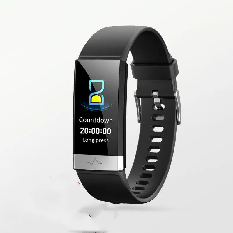 V19 smart health tracker bracelet with colour screen, shown in black, blue, and red colour options.