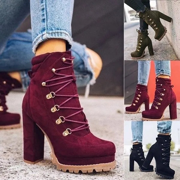 Women's suede high heel ankle boots with waterproof platform in yellow, black, wine red, and army green colours