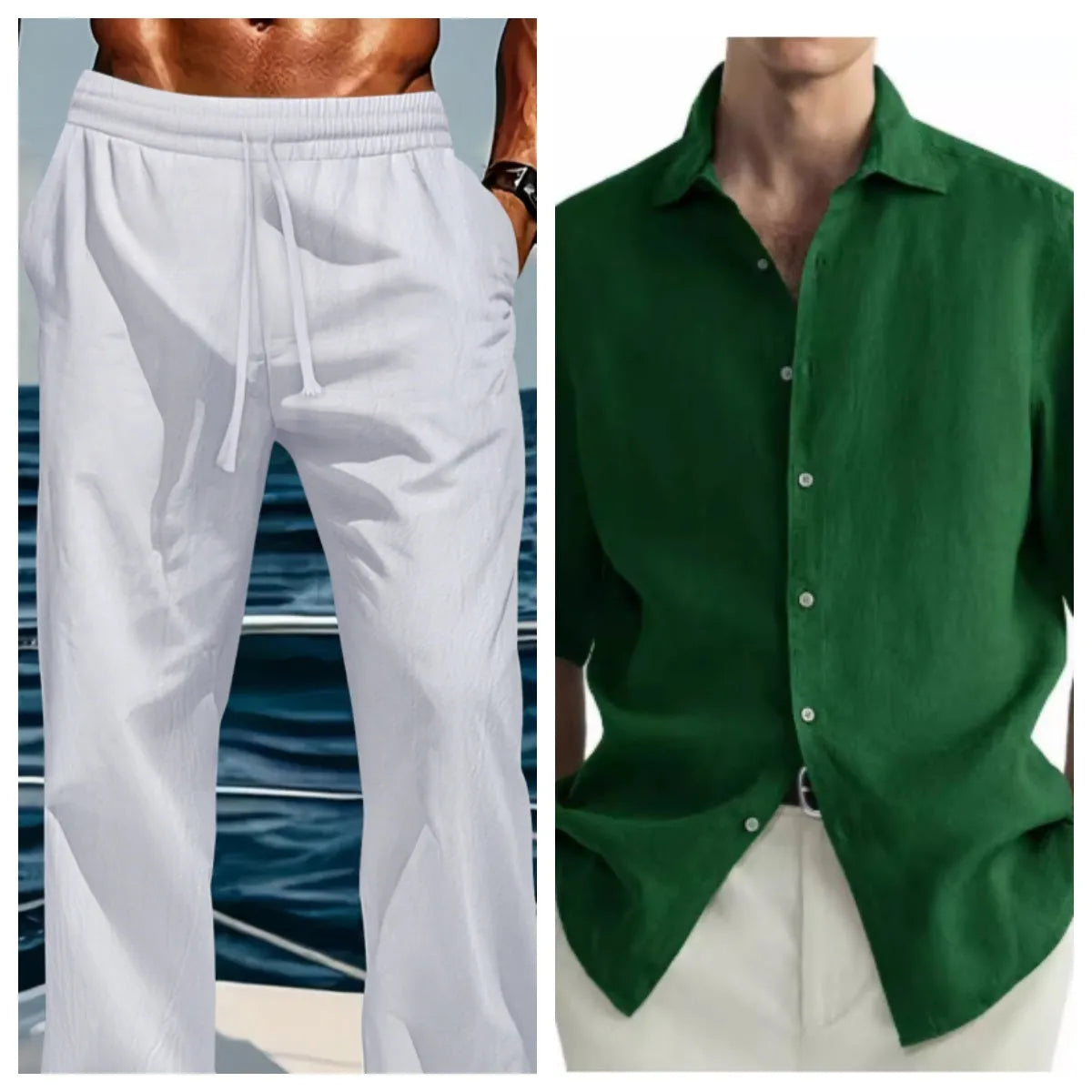 Green men's casual cardigan shirt made from washed cotton, shown on a model.