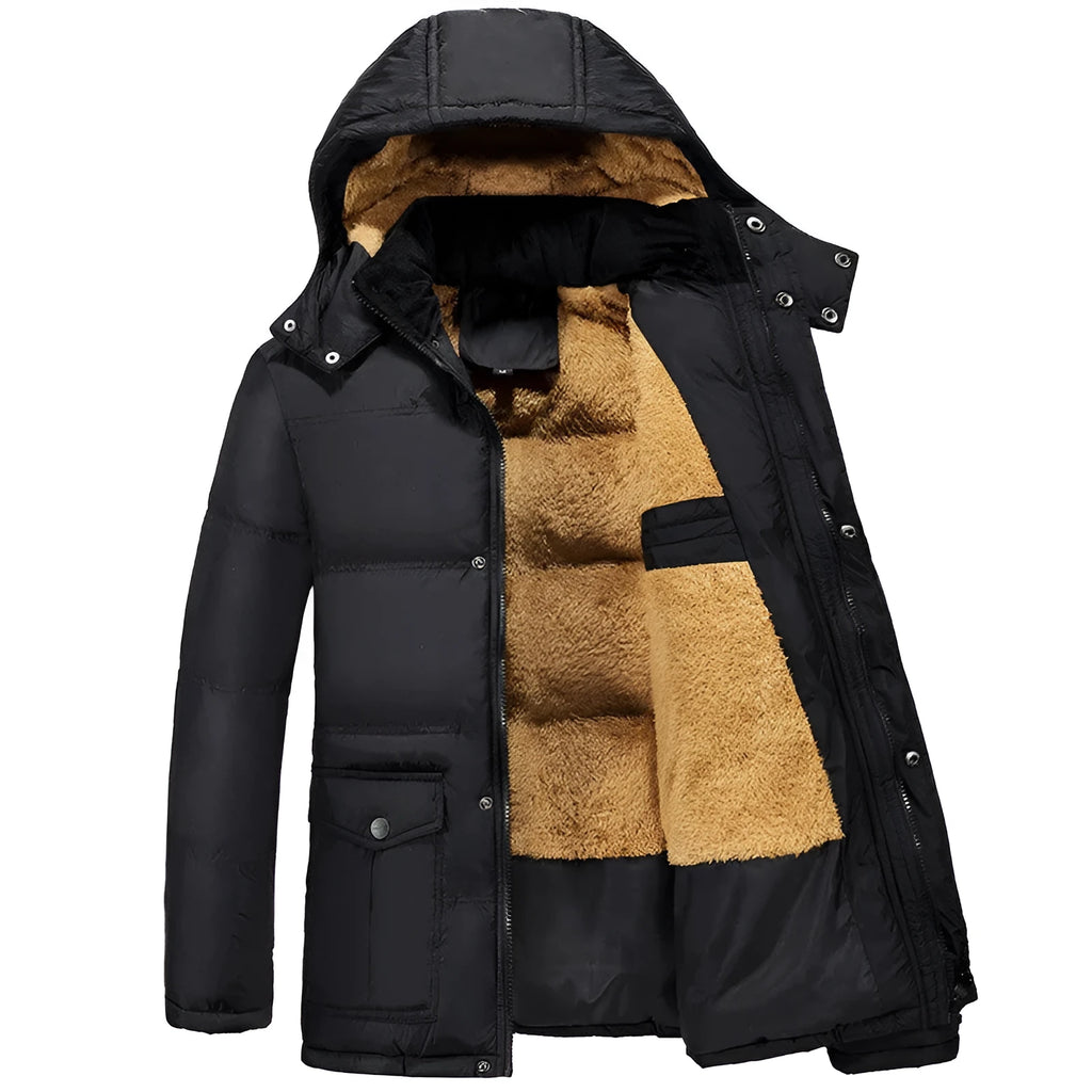 Black men's loose velvet padded hooded jacket with double-breasted front.