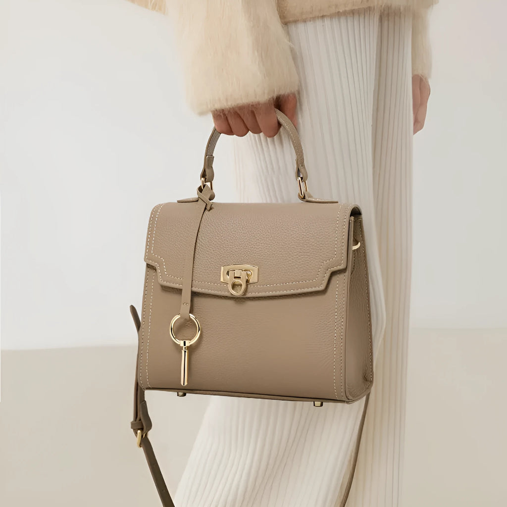 Elephant grey genuine leather vintage handbag with litchi pattern and lock closure