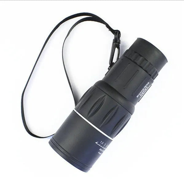 Black 16x52 high-power monocular with 52mm objective lens and green film coating
