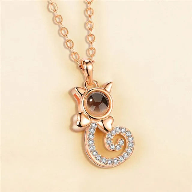 S925 silver cat-shaped pendant necklace with custom photo projection on Rose Gold chain