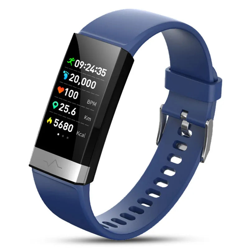 V19 smart health tracker bracelet with colour screen, shown in black, blue, and red colour options.