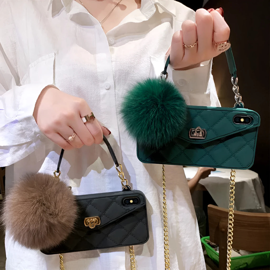 iPhone fluffy hairball plush phone case in dark green grid pattern made from flexible TPU material.