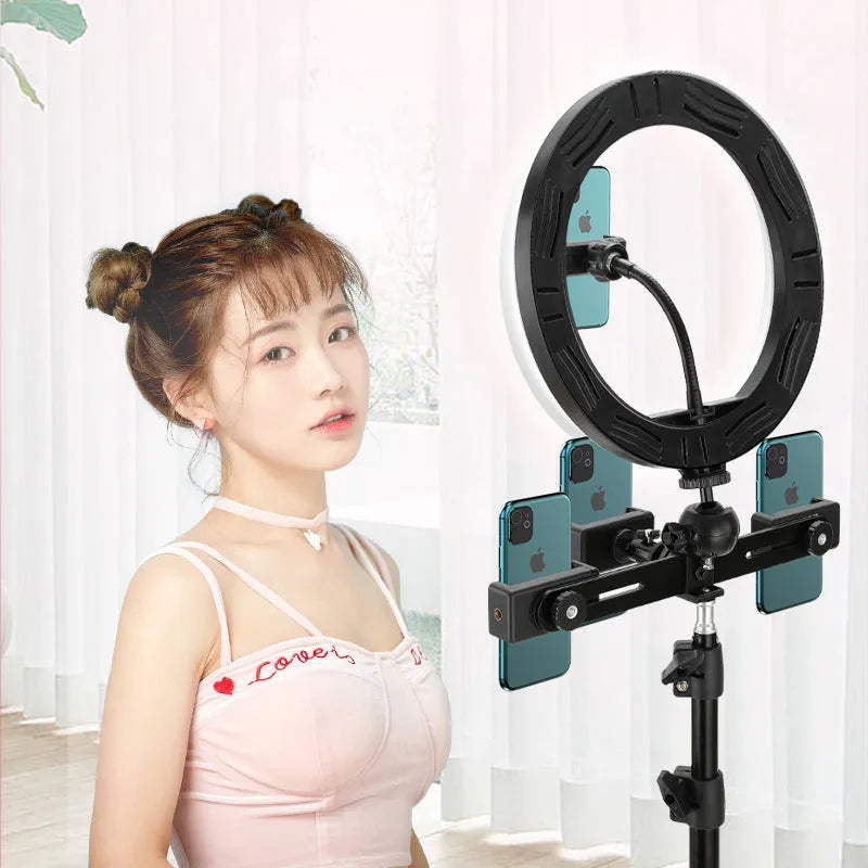 10-inch ring selfie light on 19cm adjustable metal stand with smartphone attached