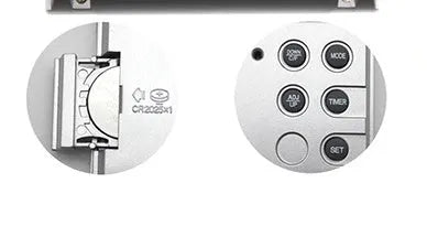 Square folding travel alarm clock with perpetual calendar and mirror front in closed and open positions showing plastic case