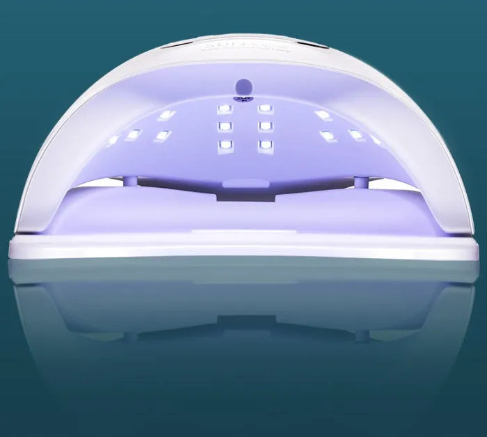 White portable gel nail lamp with 45 LED beads showing timer controls and dual UV/LED light source