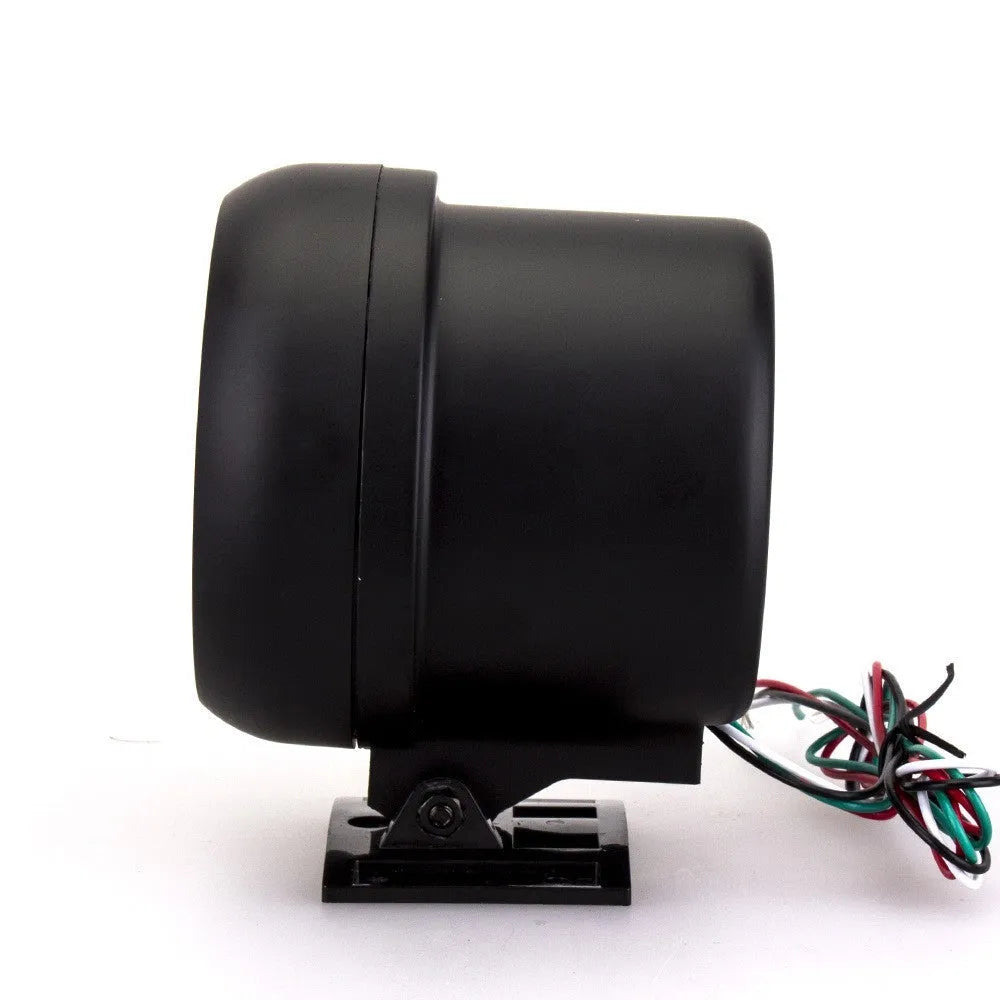 Black plastic universal automotive tachometer with blue light pointer and RPM scale.