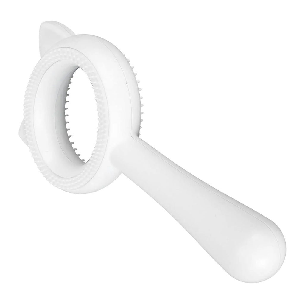 Double-sided pet grooming brush with blue handle, deshedding comb and massage bristles for cats and dogs