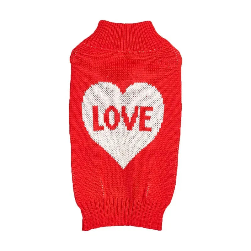 Acrylic knit dog sweater with bow and heart design in various colour patterns