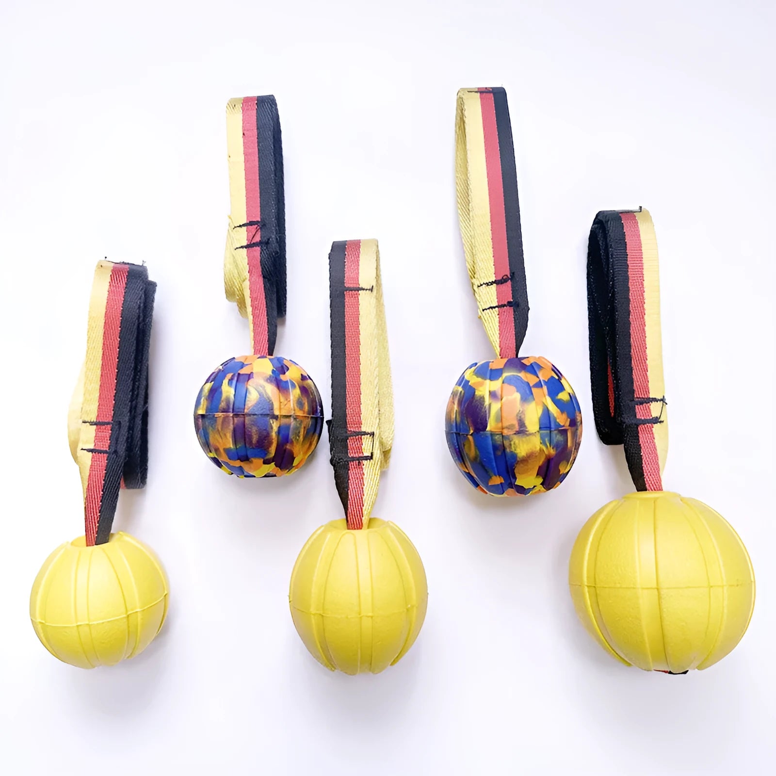 Floating EVA tether ball for dogs in camouflage or yellow colour with three diameter size options
