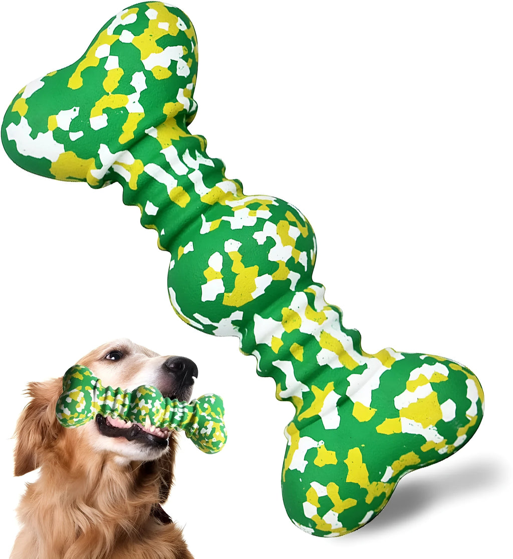 Green and white camouflage pattern natural rubber bone chew toy for large dogs on a wooden floor.