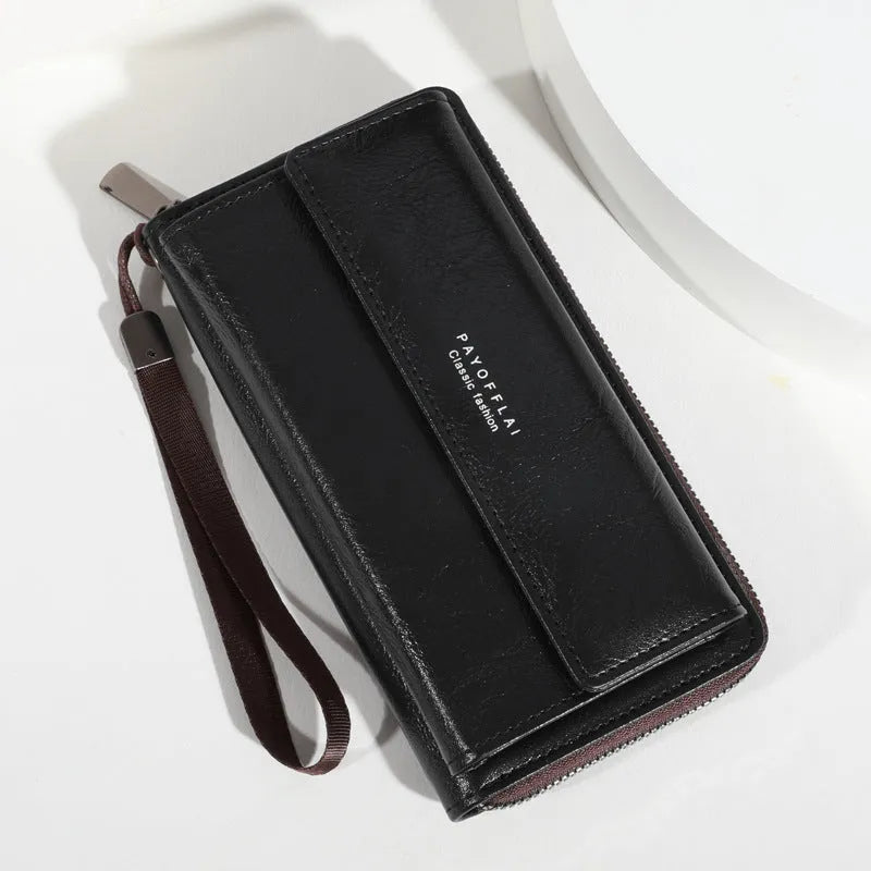 Men's black PU leather long wallet showing multiple card slots and measuring 19x10.5x4 cm