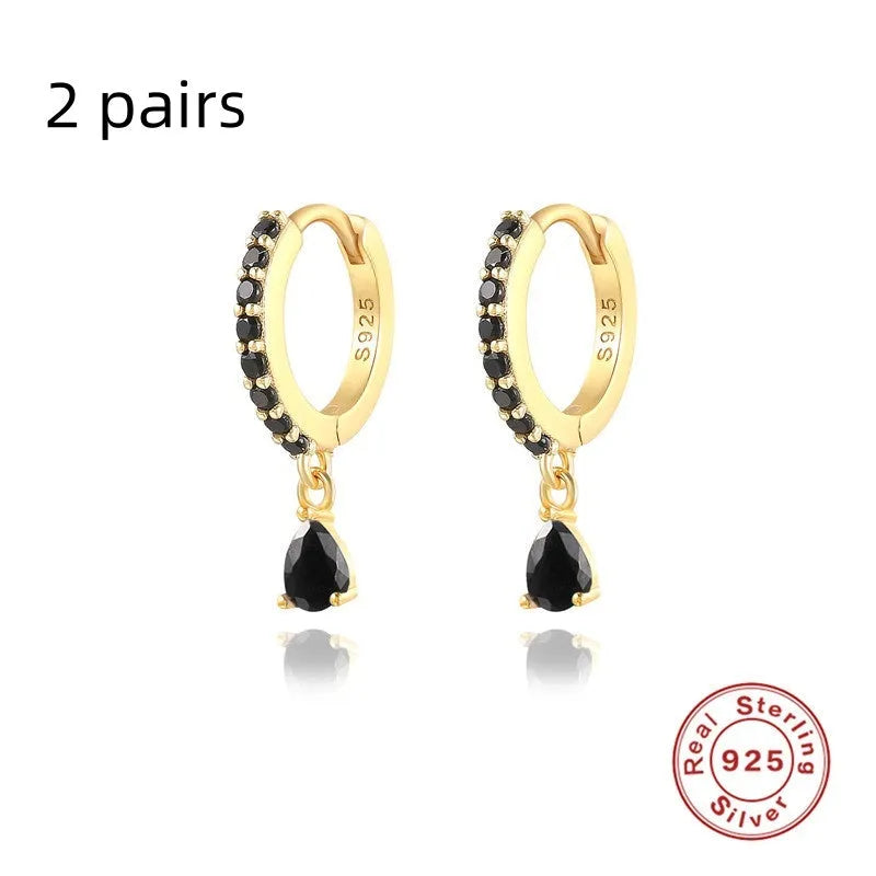Geometric water drop earrings in Sterling Silver with electroplated gold finish and purple diamond stones