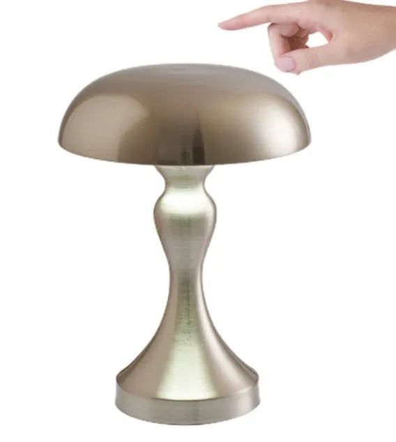 Metallic rechargeable LED desk lamp with touch control showing three colour temperature options