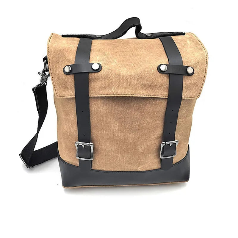 Waterproof canvas motorcycle side bag with cowhide reinforcement in black colour
