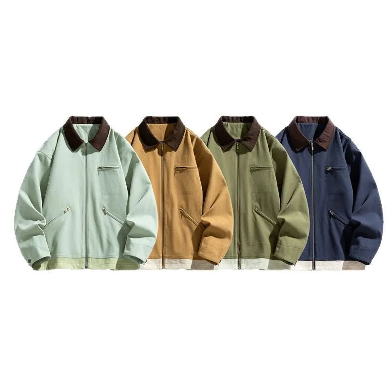 American retro workwear jacket with contrast lapels and side pockets in mint green colour