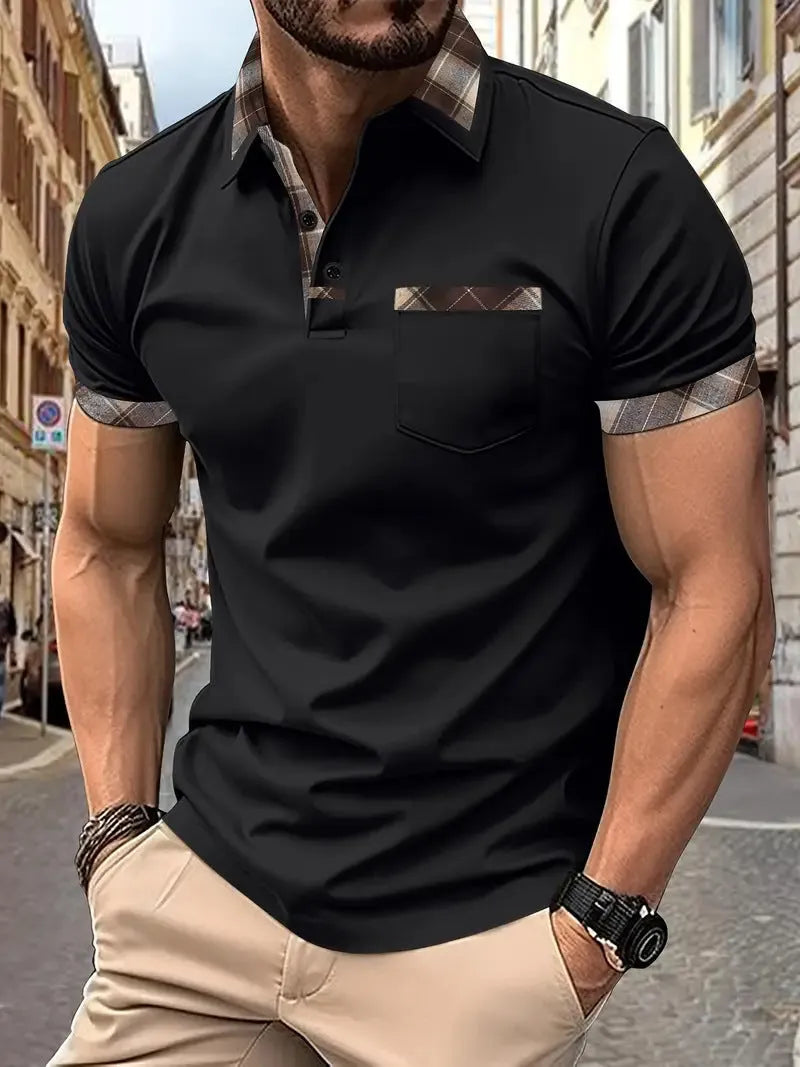 Men's plaid colourblock t-shirt with zipper detail in loose fit for summer wear