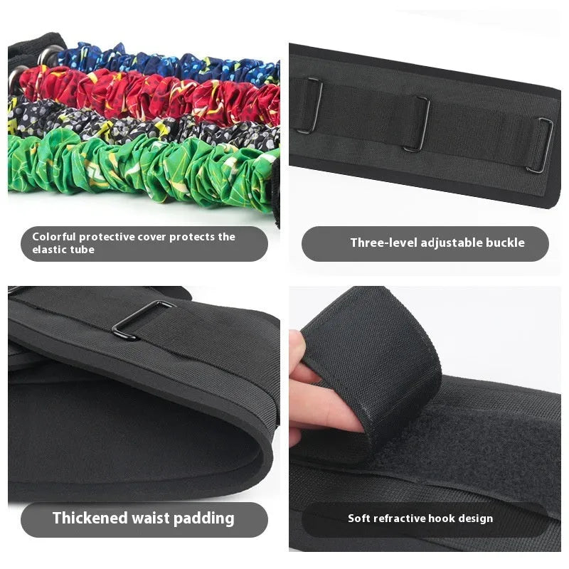 Fitness chest expander resistance belt with red, blue, black, and green sleeves indicating 100 to 300 lbs resistance.