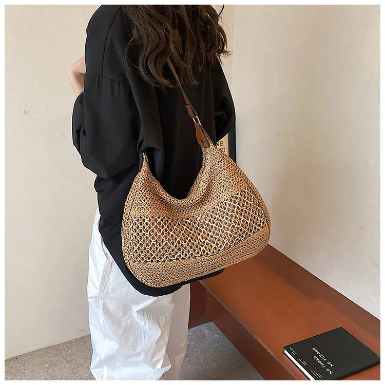 Women's casual straw crossbody bag in khaki colour with horizontal square shape and adjustable shoulder strap