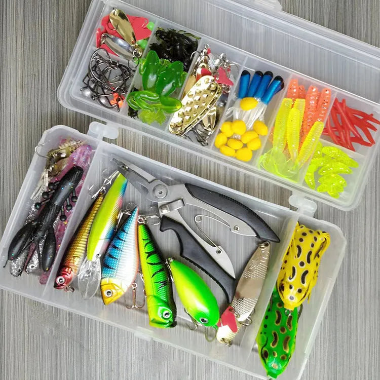 142-piece fishing lure kit with hard minnow lures, sequins, fishhooks, and metal fishing pliers laid out.