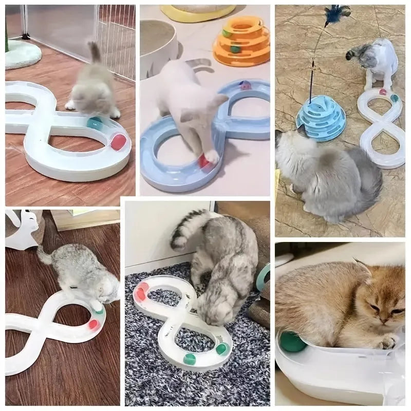 Blue and white cat turntable track ball toy with teasing stick measuring 50cm wide