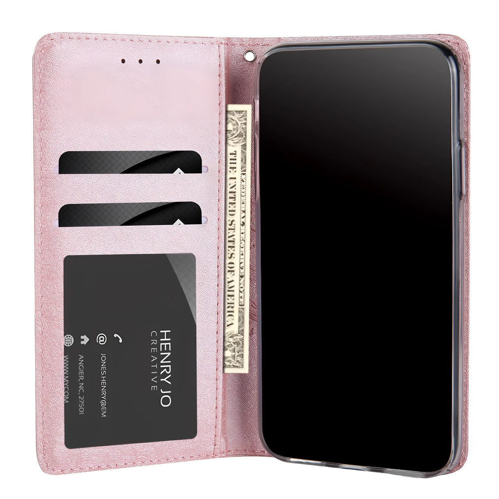 PU leather flip phone case in rose gold colour, shown open next to an iPhone, highlighting the interior card slot.