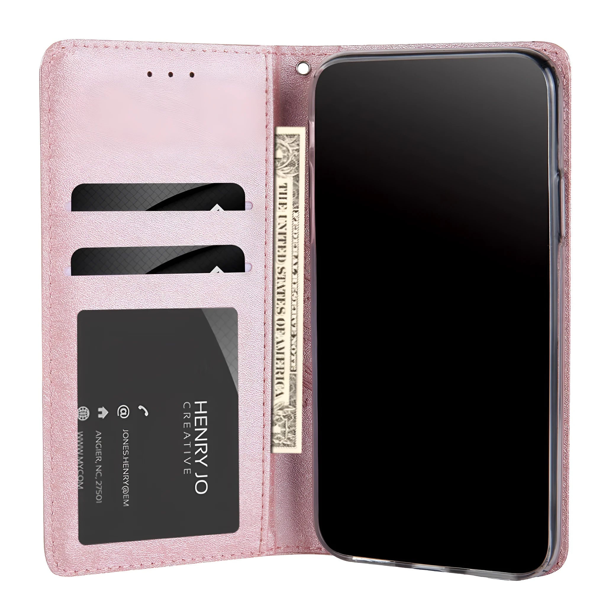PU leather flip phone case in rose gold colour, shown open next to an iPhone, highlighting the interior card slot.
