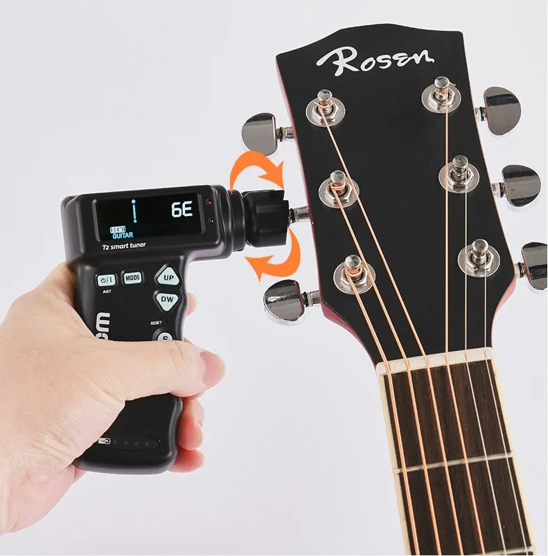 Black and white multi-functional smart guitar tuner with LCD display and string winder