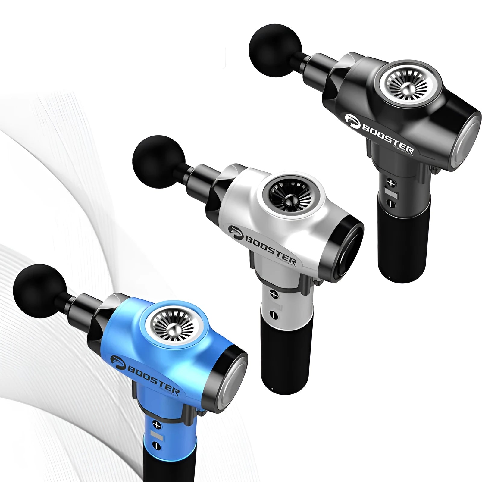 Black and white handheld percussion massage gun with 12mm stroke depth.