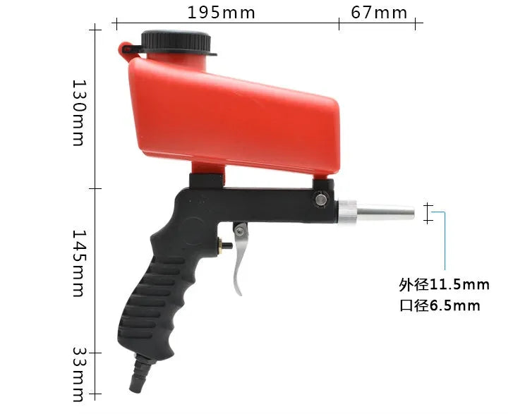Portable blue pneumatic sandblasting gun with top-mounted tank for rust removal and surface preparation.